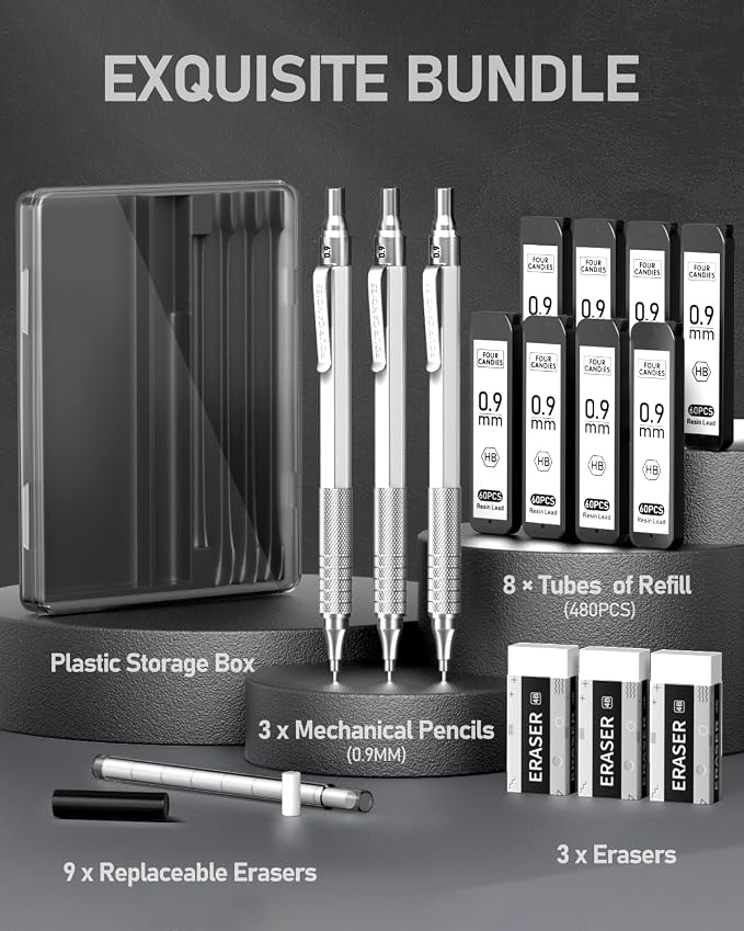 Four Candies Metal Mechanical Pencil Set with Case, 0.9mm, 3-Pack, Silver