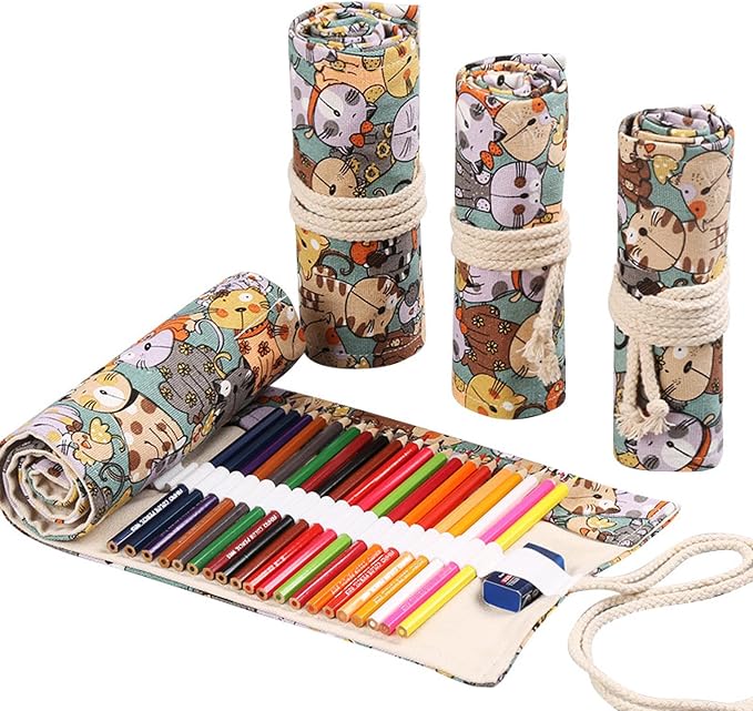 DIYOMR 24/36/72 Slots Pencil Wrap Pencil Rolls, Artist Colored Pencils Roll Up Bag Short Brushes Pouch Case Pencils Organizer for Drawing Coloring and Sketching,No Pencils (Cuddly Cat, 24slots)