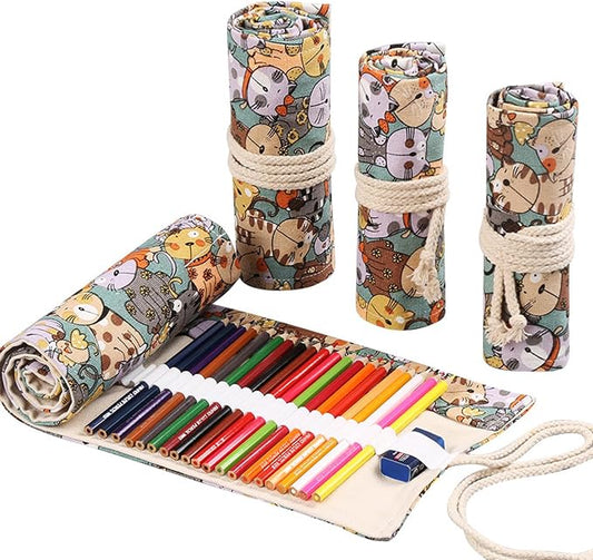 DIYOMR 24/36/72 Slots Pencil Wrap Pencil Rolls, Artist Colored Pencils Roll Up Bag Short Brushes Pouch Case Pencils Organizer for Drawing Coloring and Sketching,No Pencils (Cuddly Cat, 24slots)