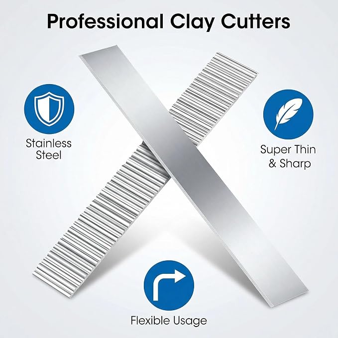Polymer Clay Cutters - Premium Stainless Steel Clay Cutting Tools Set with 2 Straight Tissue Blades for Polymer Clay, 3 Curved Wave Blades, Professional Clay Slicing Tool Kit -Protect Fingers