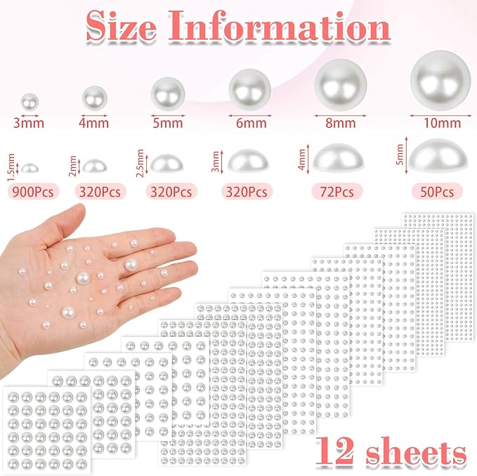 1980Pcs Self Adhesive Pearl Stickers, Shynek Hair Pearls Stick on Gems for Hair, Face, Makeup, Eye, Nail, Crafts, Assorted Sizes(Ivory White)