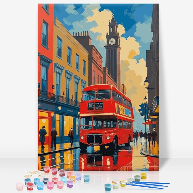 GEEHEIY Framed Paint by Numbers Kit for Adults, London Red Bus, 8 x 12 Inch | DIY Adult Paint by Number Kit for Beginners, City Wall Decor, Stress Relief Craft Gift, Creative Hobby