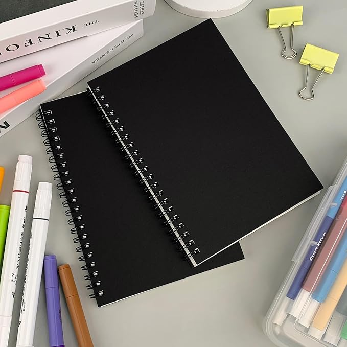 DSTELIN Blank Spiral Notebook, 3-Pack, Soft Cover, Sketch book, 100 Pages / 50 Sheets, 7.5 inch x 5.1 inch, 100GSM, (Black)