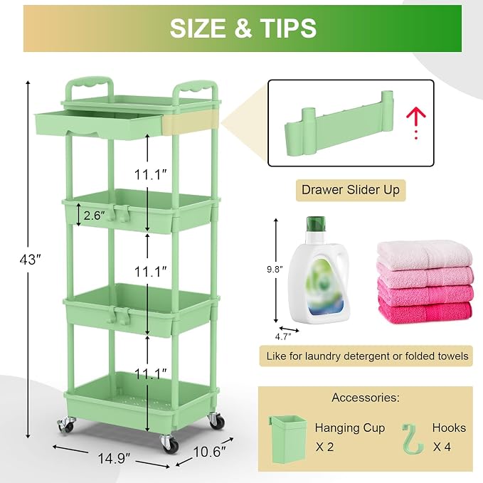 Goovilla 4 Tier Rolling Utility Cart Organizer with Removable Drawer, Green | Stable and Sturdy Rolling Storage Carts with 2 Lockable Wheels for Bathroom, Kitchen, Snack, Craft, Makeup, Baby Essentials