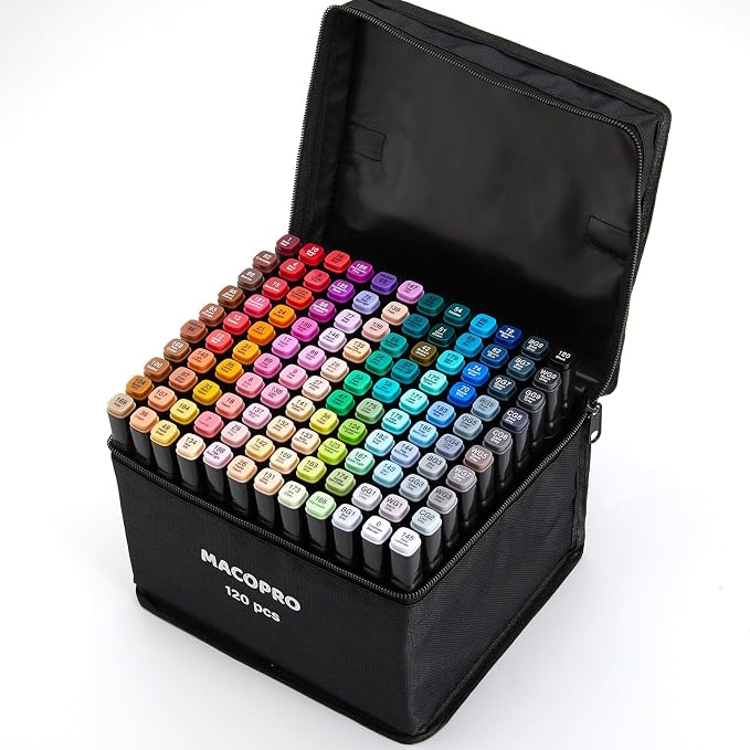 Alcohol Markers, 120 Colors Dual Tip Art Coloring Markers Set for Adult Book Drawing Sketching Painting, Chisel & Fine, Black Penholder(120)