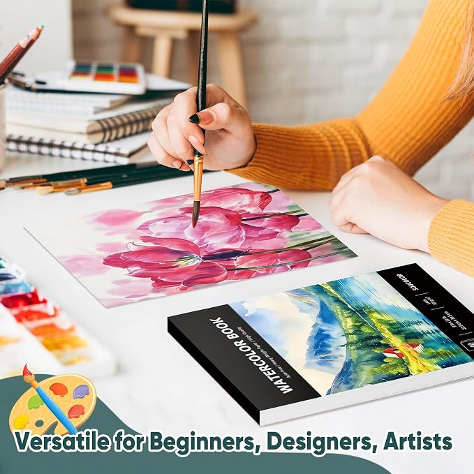 Soucolor Watercolor Paper Pad 9x12 140lb Cold Press 40 Sheets Art Supplies | Professional Wet Techniques Water Color Paper,140lb/300gsm Artist Painting Book texture,Acid-free archival quality