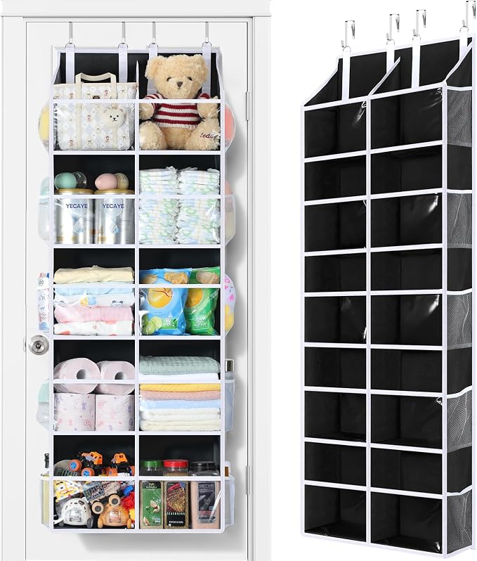 Yecaye 80lb Clear Door Hanging Yarn Storage Organizer, 10 Large Plastic Pockets & 10 Mesh Pockets Over the Door Crochet Organizer, 5 Tier Yarn Ball Storage for Knitting Needles, Black