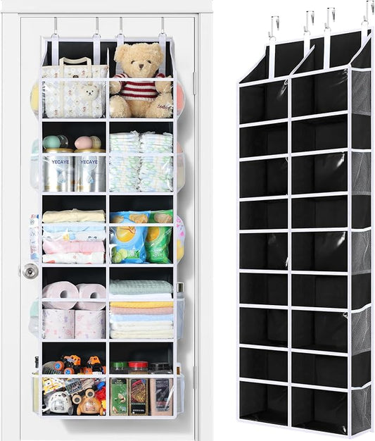 Yecaye 80lb Clear Door Hanging Yarn Storage Organizer, 10 Large Plastic Pockets & 10 Mesh Pockets Over the Door Crochet Organizer, 5 Tier Yarn Ball Storage for Knitting Needles, Black