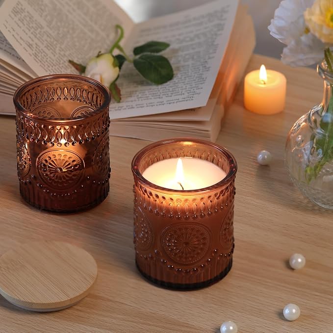 DARJEN 10 Pcs 8oz Glass Candle Jars with Lids, Candle Tins-Amber | Premium Thick Glass, Secure Wooden Lids- Candle Jars for DIY Candle Making, Stunning Sunflower Design