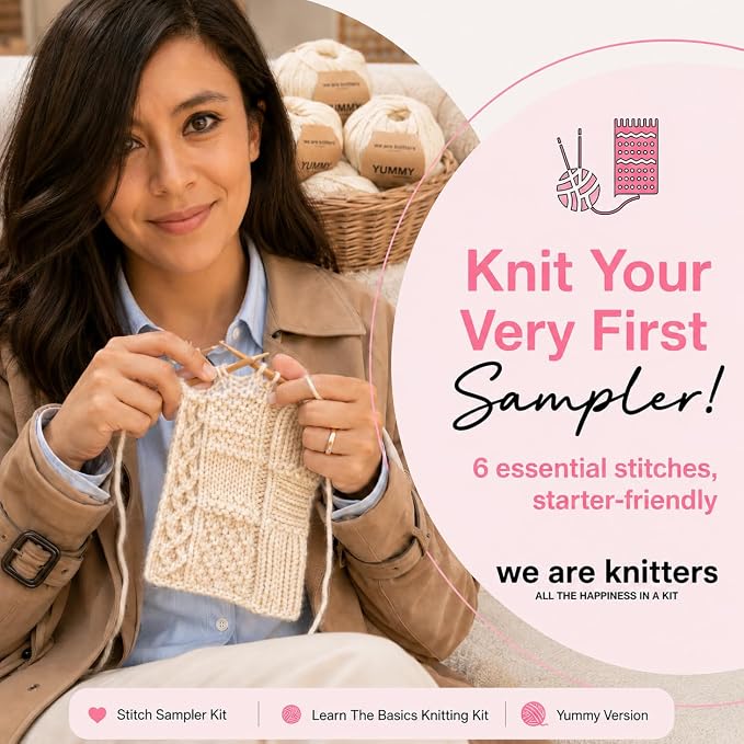 We Are Knitters Stitch Sampler Knitting Kit | Beginner-Friendly Knitting Starter Kit with Cotton Yarn | Learn Essential Stitches & Make Your First Snood