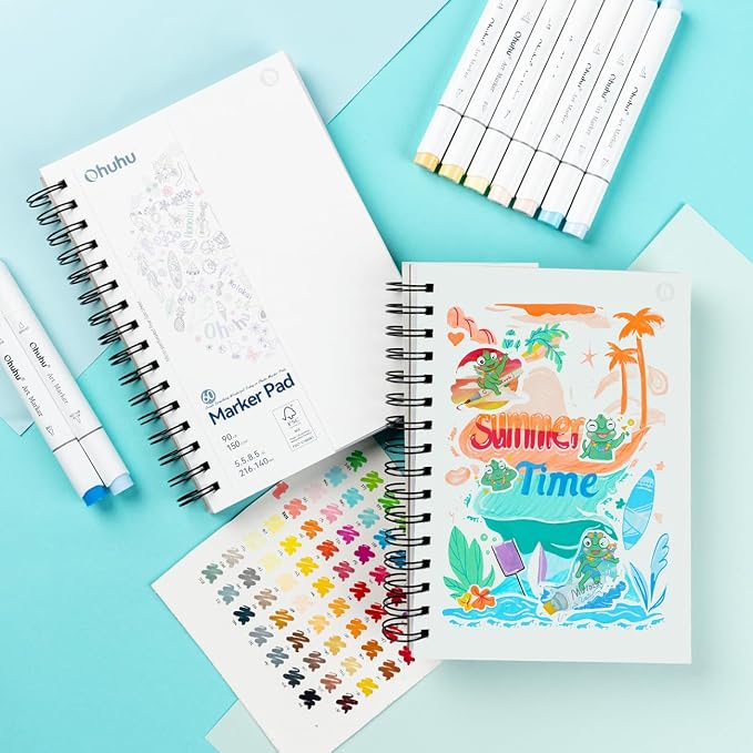 Ohuhu 5.5"x8.5" Double-Sided Bleedproof Marker Pad Art Sketchbook 60 Sheets | Small Sketch Book - 90 LB/150 GSM Smooth Drawing Paper - 60 Sheets/120 Pages - Spiral-Bound Sketch Pad for Alcohol Markers