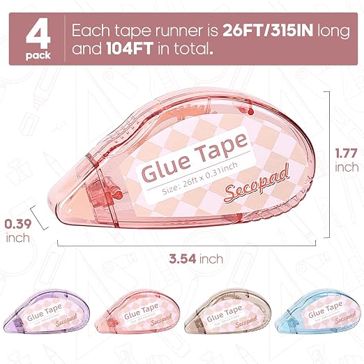 Secopad Scrapbook Tape, Glue Tape for Crafts, 4 Pack, Light-Colored Shell | 0.3IN x 26FT, Sticky & Safe, Double Sided Tape for Crafts, Scrapbooking Junk Journaling Supplies, For School Office Teachers