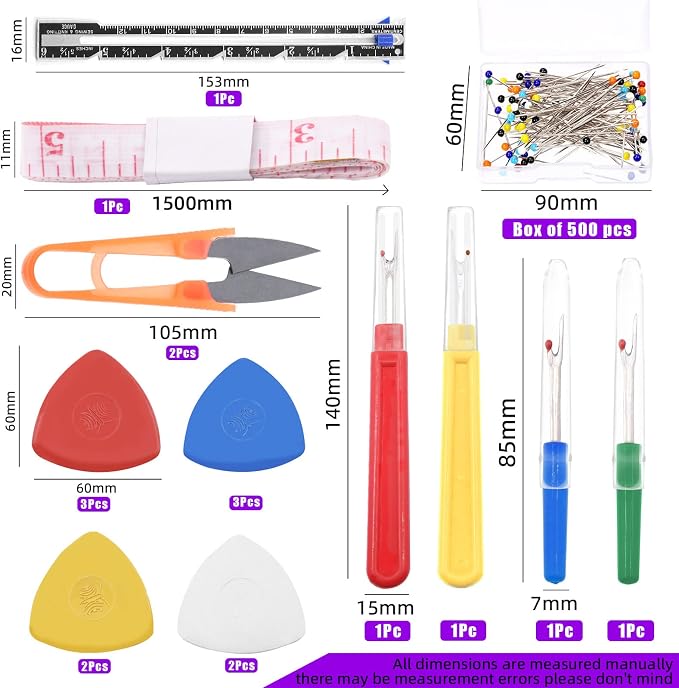 Swpeet 518Pcs Sewing Tools Kit, 10Pcs Professional Tailor's Chalk, 1Pcs Sliding Gauge and 4Pcs Seam Ripper with 500Pcs Quilting Sewing Pins and 2Pcs Snip Scissor Assortment Kit, Thread Remover