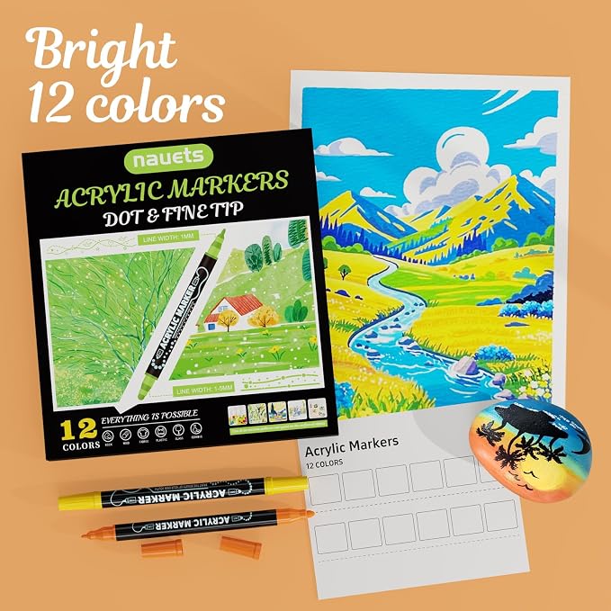 nauets 12 Colors Precision Dual Tip Acrylic Paint Markers Pens - Dot & Fine | Works on Rock, Wood, Fabric, Canvas, Glass, Scrapbook, Paper, Ceramic, Egg, DIY Craft Art Gift - Classroom & School Supplies