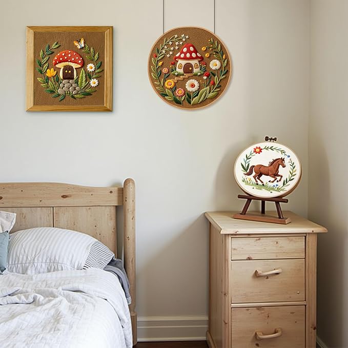 Santune 3 Pack Embroidery Kit Cross Stitch Needlepoint Kits for Beginners Adult Needle Point Sets with Mushroom & Horse Embroidery Patterns, Includes Step-By-Step Instructions & Accessories
