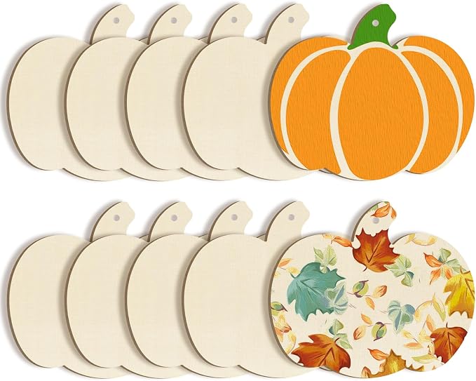 Large Size 7inch Wooden Halloween Thanksgiving Ornaments to Paint, DIY Blank Unfinished Pumpkin Wood Discs Ornament for Crafts Hanging Autumn Decorations 10PCS
