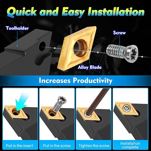 Indexable Lathe Turning Tool 1/2" 12mm Shank 14PCS Kit-4PCS Metal Lathe Tools Holder 10PCS DCMT21.51 Carbide Insert for Grooving Turning Boring SDNCN12120H07/SDJCR1212H07/S12M-SDUCR07/SDJCL1212H07