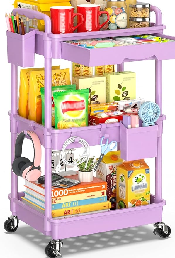 SUNALLY 3 Tier Rolling Cart with Drawer,Craft Storage Cart Organizer,Purple