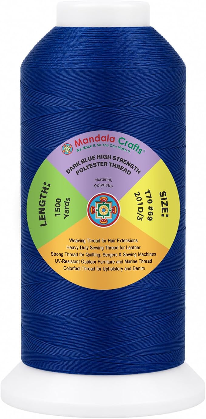 Mandala Crafts Dark Blue Tex 70 Polyester Heavy Duty Thread for Upholstery | 1500 Yds T70 UV Resistant Strong Thread for Leather Sewing, Marine, Drapery, Jeans, Hair Weaving & Extension, Outdoor