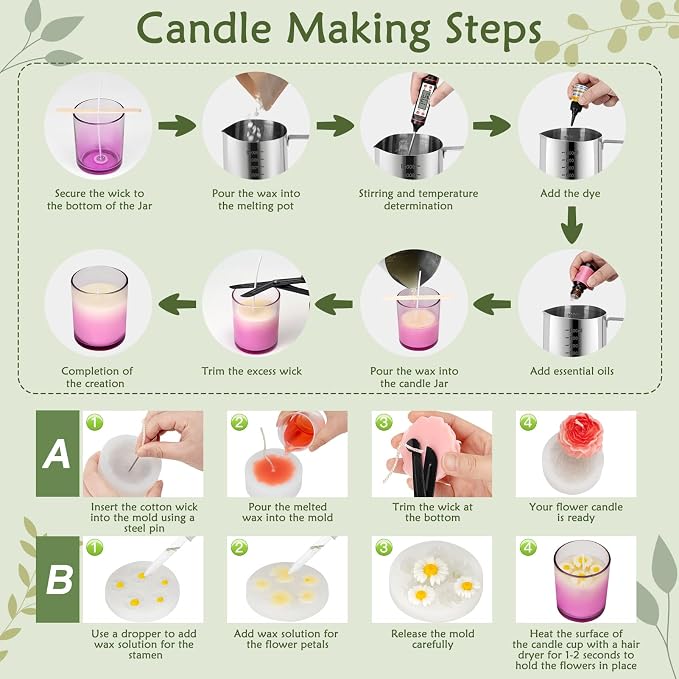 ZEROMX Candle Making Kit for Adults Beginners Full Set DIY Candle Supplies | Includes 8 candle jars, color dyes, floral molds & gift packaging. Ideal for home decor & creative DIY craft gifts.