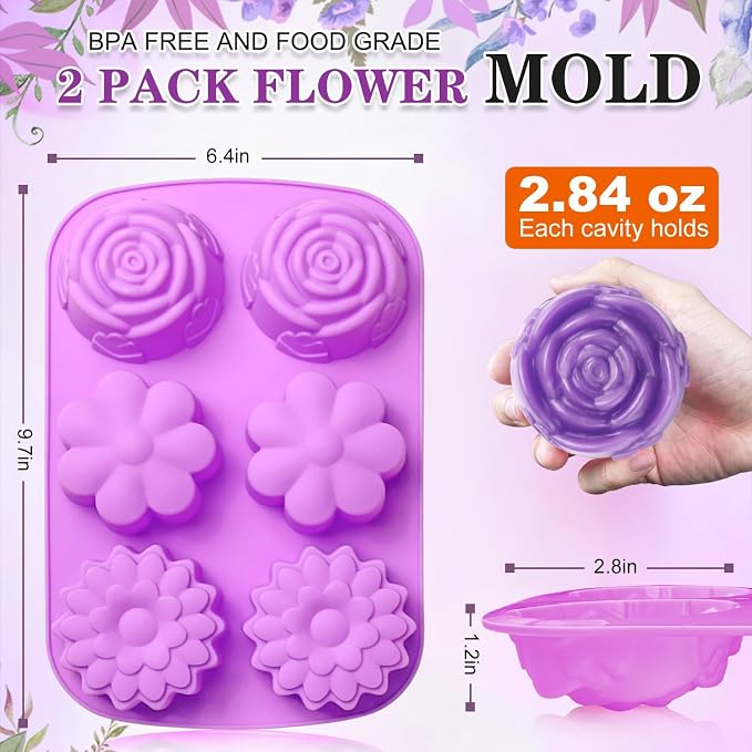 Walfos Silicone Flower Soap Mold,6 Cavities Different Flower Shapes Soap Mold BPA Free.Perfect for Homemade Craft Soap,Ice,Mousse,Cake,Jelly,Chocolate.(2pcs Purple)