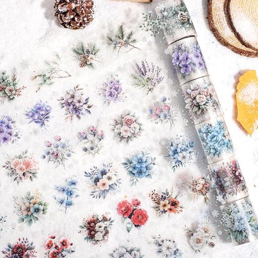 6 Rolls Colorful Winter Floral Washi Tape Set Snowflake Landscape Flower Washi Tapes Transparent PET Tape Stickers for Journaling Junk Journal Supplies Crafts Decorative Tapes Scrap Booking Supples