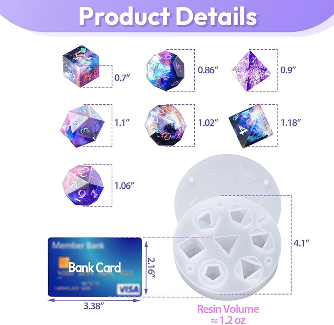 HeyClear Dice Resin Molds Silicone DND Dice Epoxy Resin Molds for Crafts | with 7 Standard Polyhedral Stereoscopic Dice Cavities, Epoxy Resin Molds for DIY Dice, Board Game Tabletop Gaming