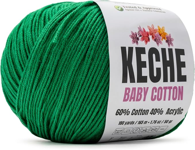 Keche Baby Cotton, 60% Cotton 40% Acrylic Yarn, Soft Cotton Yarn for Crochet and Knitting, Amigurumi Yarn 1 Skein/Ball 1.76 Oz (50g) / 180 Yrds (165m) - Kelly Green
