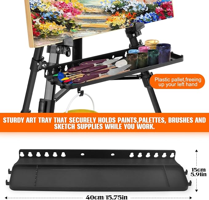 Adjustable Artist Easel - 19.69" to 61.8", Portable Folding Tabletop or Floor Easel with Brush Tray, Carry Bag, 4 Clips, 5 Palette Knives for Painting, Display, and Art Exhibitions (Black)