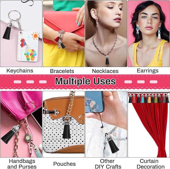 Keychain Tassels Bulk, Paxcoo Small Tassels for Jewelry Making, 50pcs Leather Tassel Keychain Charms with 50pcs Jump Rings for DIY Key Chain Craft, Black