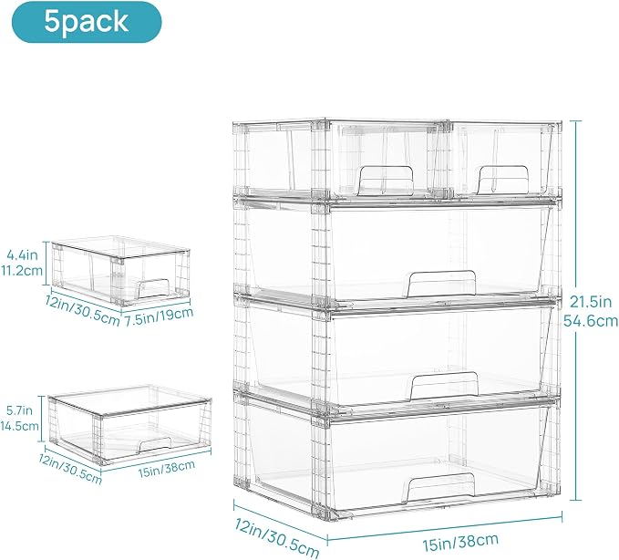 Vtopmart Clear Stackable Storage Drawers, 5 Pack Wide Storage Set