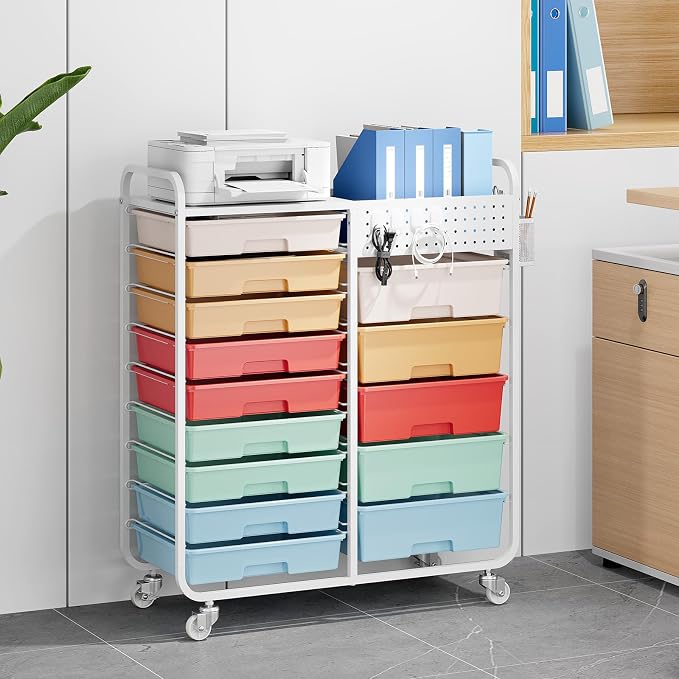 14 Drawer Rolling Storage Cart with Tabletop and Pegboard for Craft Color | Easy Setup, Large Capacity, Sturdy Build, Smooth Mobility, For classroom, office and dorm supplies