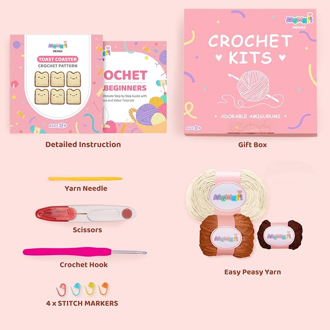 Mewaii Crochet Kit for Beginners, 6 Pack Toast Coaster Craft Set | 40% Extra Yarn, Video Tutorial, Pre-Started Piece, Beginner Friendly, Family Craft Gift for Adults & Kids
