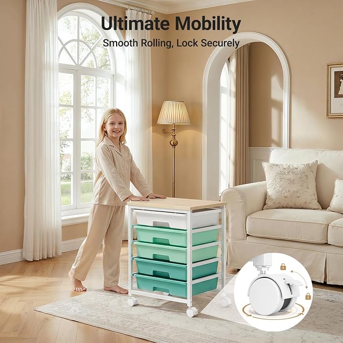 Pipishell Rolling Cart with 5 Drawers, Craft Storage Cart, Green Gradient