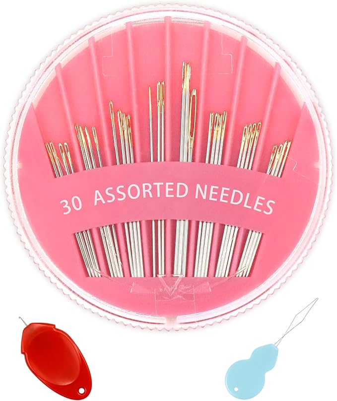 30-Count Steel Sewing Needles for Hand Sewing, 6 Sizes Large Eye Embroidery and Hand Quilting Needles Kit with Threaders for Art & Craft Projects（Pink）