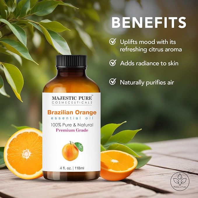 Majestic Pure Brazillian Orange Essential Oil for Diffuser - 4 Fl Oz | 100% Pure and Natural - Essential Oils with Glass Dropper for Aromatherapy, Soap and Candle Making, Massage, Orange Oil