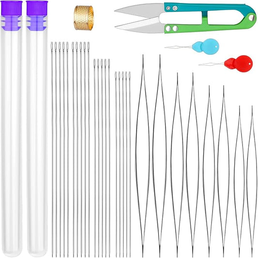UOOU 28 Pcs Beading Needles, 4 Sizes Beading Needles for Seed Beads | Beading Needle Set 20 Pcs Long Straight Bead Embroidery Needles & 8 Pcs Big Eye Bracelet Needles for Beads Jewelry Making