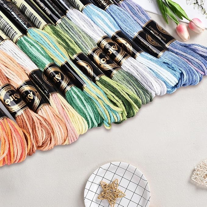 12 Skeins 105 Yards Cross Stitch Floss Variegated Friendship Bracelet String 6 Ply Polyester Colorful Gradient Embroidery Thread for Sewing Making Needlecraft Knitting Clothes Stitching DIY