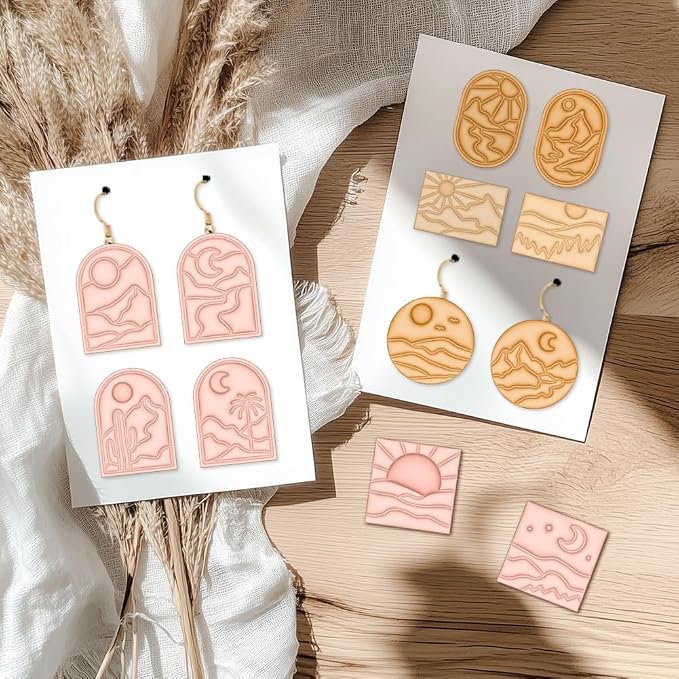 ACRNIGHEET Boho Clay Cutters - 16 Shapes Sun and Moon, Landscape Polymer Clay Cutters for Jewelry, Earring Making Kit With Storage Box