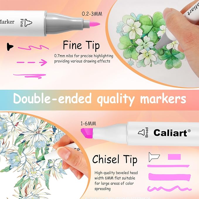 Caliart 100 Colors Pastel Alcohol Markers Fine & Chisel Art Markers Pens | Dual Tips Permanent Sketch Pens for Artists Drawing, Adults Coloring Books, Beginners Illustration, School Art Supplies Gifts