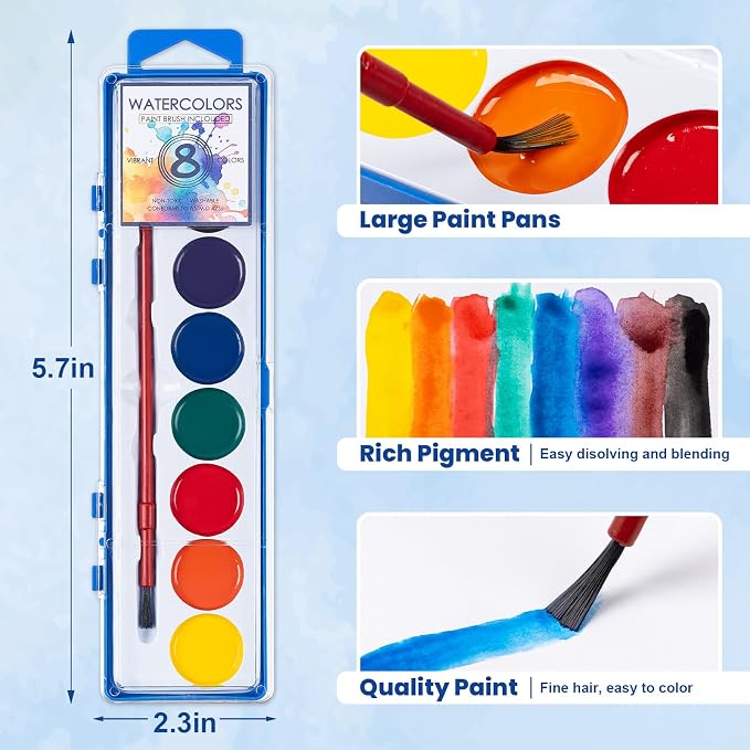 72 Pack Watercolor Paint Set, Washable Water Color Paint Bulk for Kids | Water Color Paint with Brushes, Ideal Gifts for Party Favors, School Supplies & Classroom Prizes, Art Activities, 8 Colors