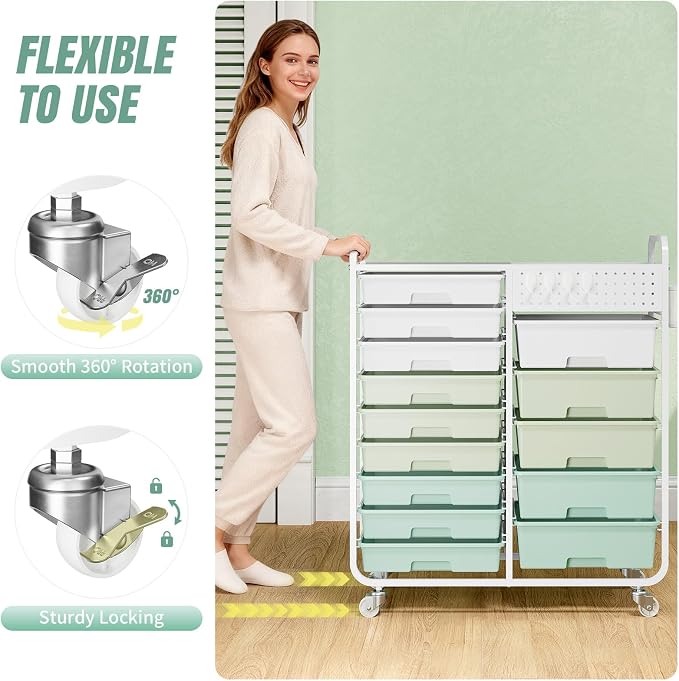 14 Drawer Rolling Storage Cart with Tabletop and Pegboard for Crafts Green | Easy Setup, Large Capacity, Sturdy Build, Smooth Mobility, For classroom, office and dorm supplies