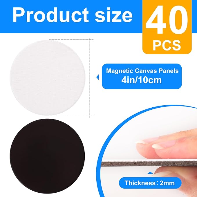 ESRICH 40Pack 4x4IN Round Mini Canvas Magnets, Small Magnetic Paint Canvas | Non-toxic, Ideal for Acrylic, Watercolor, Oil Painting, DIY Magnet Kit, Refrigerator Decor