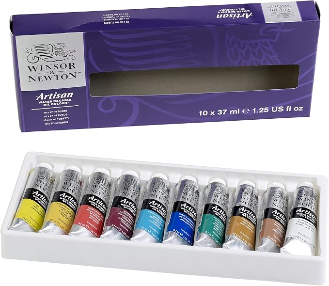 Winsor & Newton Artisan Water Mixable Oil Paint Set, 10 x 37ml Tubes | Clean with water; no solvents needed. Color depth, lightfastness, opacity/transparency are the same as traditional oils.