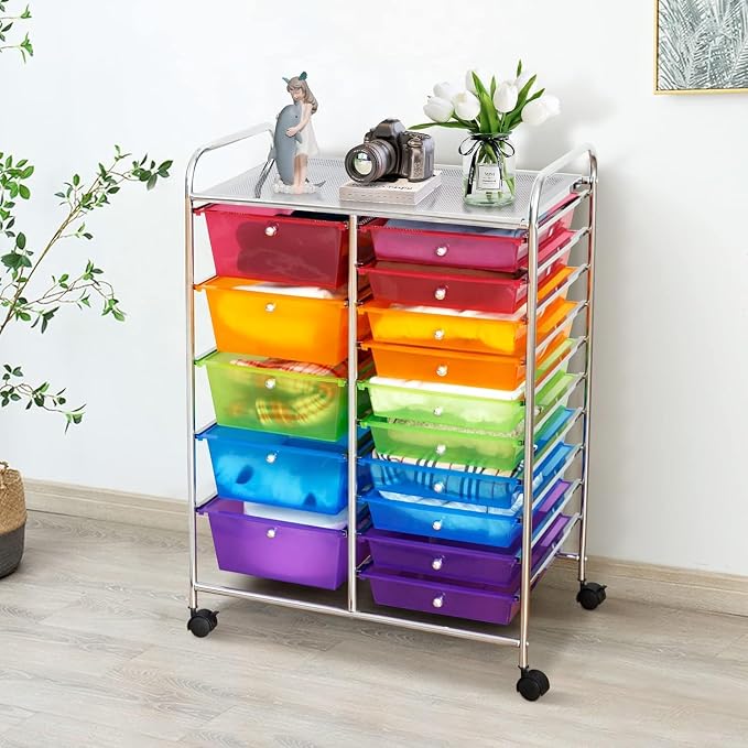 LDAILY 15 Drawer Rolling Storage Cart, Rolling Cart with Drawers for Classroom, Art Supply Craft Organizer on Wheel with Metal Frame & Handles for Home Office School