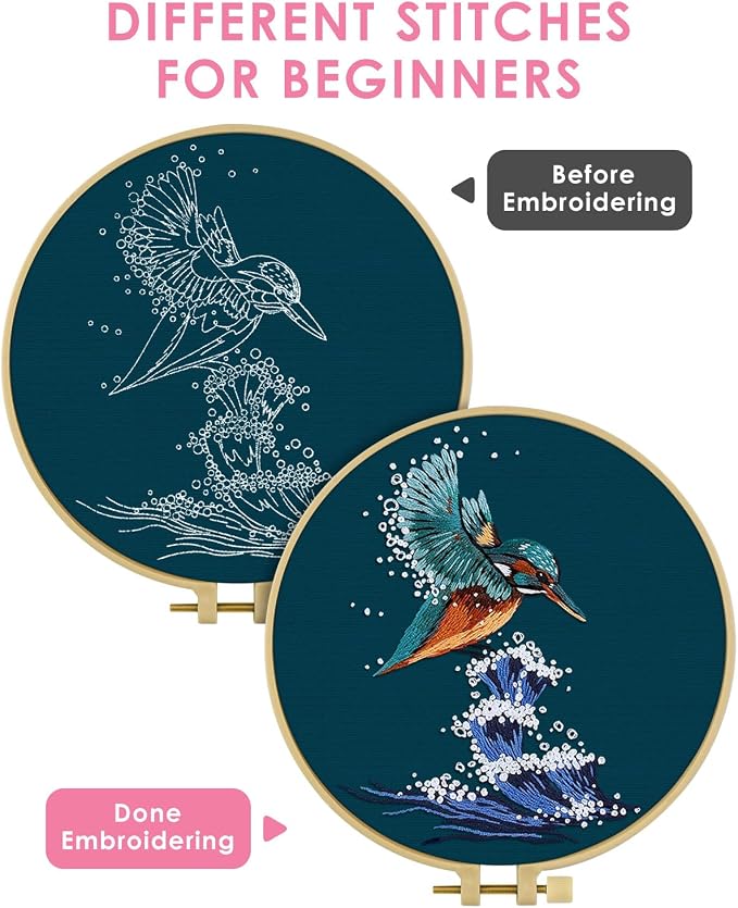 TINDTOP Embroidery Kit for Beginners Adult, Kingfisher Embroidery Kit for Beginners Include Embroidery Cloth Hoops Threads for Craft Lover Hand Stitch with Embroidery Skill Techniques | for Beginners Include Embroidery Cloth Hoops Threads for Craft Lov...