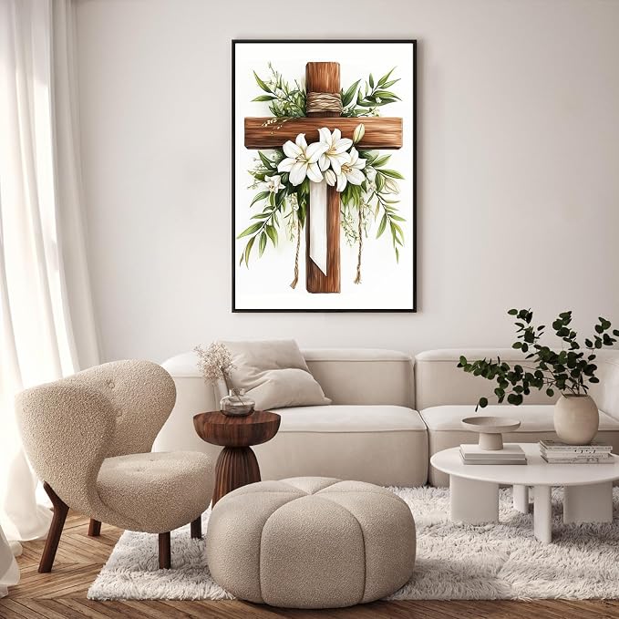 GEEHEIY Framed Paint by Numbers Kit for Adults, Cross Lilies, 8 x 12 Inch | DIY Adult Paint by Number Kit for Beginners, Christian Wall Decor, Stress Relief Craft Gift, Creative Hobby