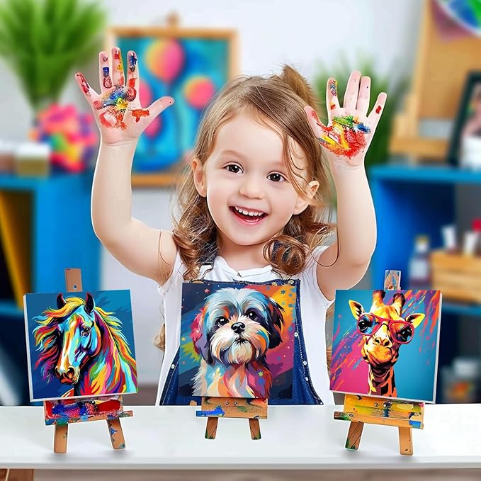 cviokrdu 4 Pack Paint by Numbers Kit for Kids with Frame - Wooden Easel, Animal Paint by Numbers for Kids Ages 4 8 12, Easy Animals Acrylic Oil Painting Kits for Home Wall Decoration 8x8 inch