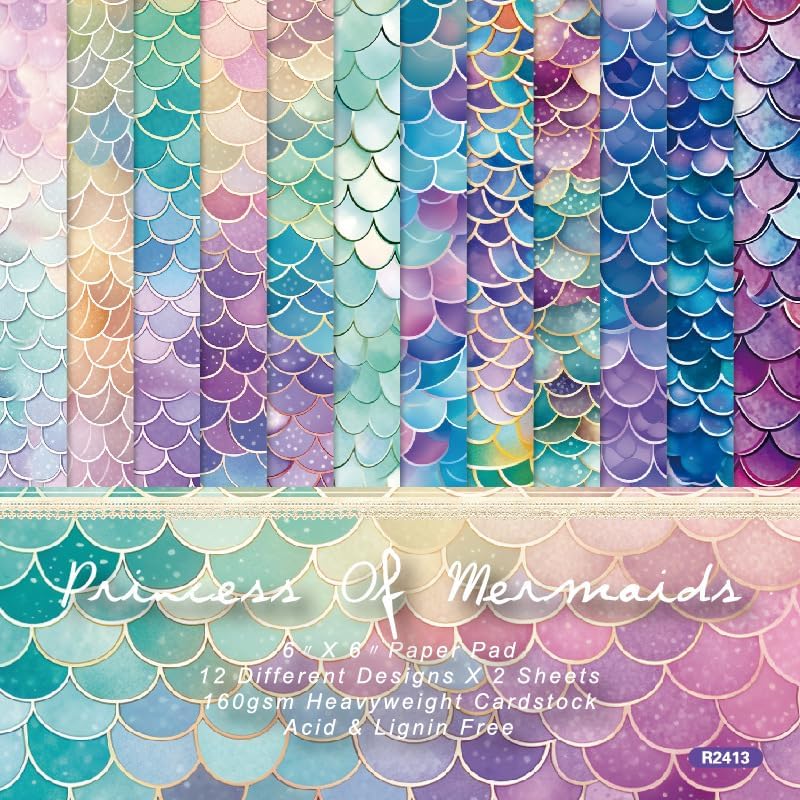 Mermaid Themed Scrapbook Paper Pad 6x6 inches, Single-Sided Scales and Seashell Patterns Designs For Craft - 24 Decor Sheets