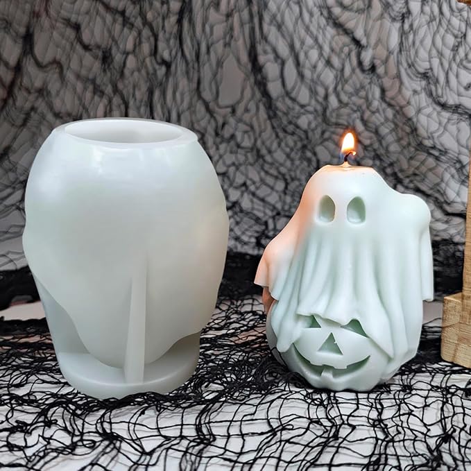 Halloween Molds, Little Ghost Stepping on Pumpkin Candle Molds | 3D Halloween Pumpkin Silicone Mold for Candle Making, Epoxy Resin Casting, Handmade Soap, DIY Crafting Gift Home Decor